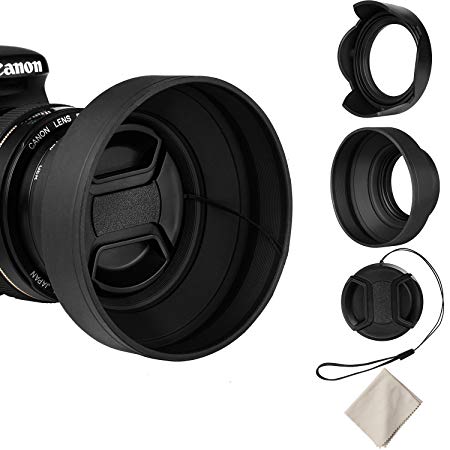 Veatree 77mm Lens Hood Set, Collapsible Rubber Lens Hood with Filter Thread   Reversible Tulip Flower Lens Hood   Center Pinch Lens Cap   Microfiber Lens Cleaning Cloth