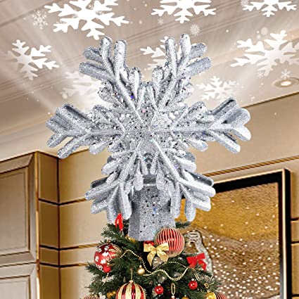 Christmas Tree Topper, FINENIC Star Tree Toppers Lighted Indoor with Rotating 3D Silver Snowflake LED Projector Hollow Glitter Lighted for Xmas Tree Christmas Decorations Holiday Ornaments