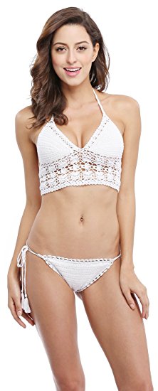 Bellady Women's Crochet Knit Top&Bottoms Bikini Set Hollow Halter Bralette For Lady