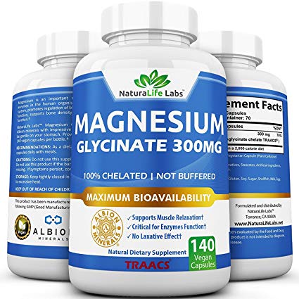 Magnesium Glycinate 1500mg (300 Mg Elemental) 140 caps Highly Absorbable TRAACS Albion vegan Helps Function of muscles, bones, heart Non-GMO 100% chelated not buffered by NaturaLife Labs