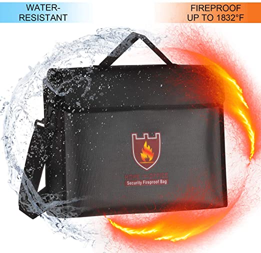 Fireproof Document Bag with Shoulder Strap, Fire & Water Resistant Pouch Document Safe Bag with Handle, Portable Security Closure Fire Zipper Bag for Money, Photos, Jewelry, Passport