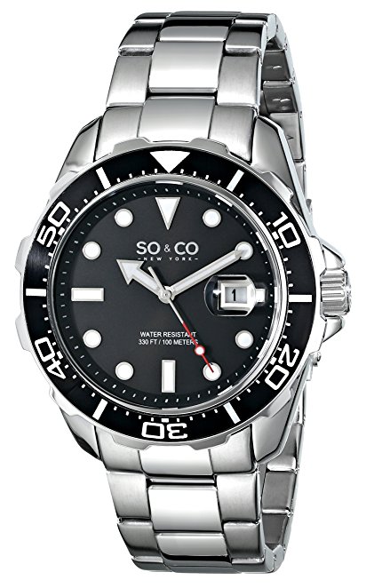 SO&CO New York Men's 5042.1 Yacht Club Quartz Unidirectional Black Bezel Date Stainless Steel Link Bracelet Watch