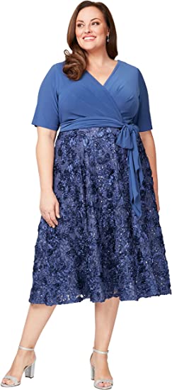 Alex Evenings Women's Plus Size Tea Length Dress with Rosette Detail