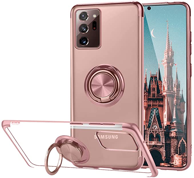 Ownest Compatible with Samsung Galaxy Note 20 Ultra Case with Built-in 360 Rotatable Ring Kickstand Fit Magnetic Car Mount and Clear Slim TPU for Samsung Note 20 Ultra (5G)-(Rose Gold)