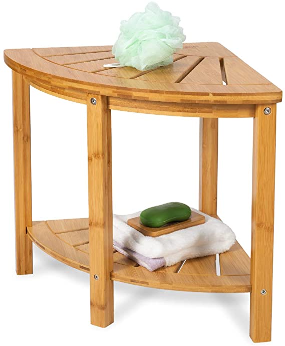 OasisCraft Corner Shower Bench with Free Soap Dish, Small Bamboo Shower Stool with Shelf, Wooden Bathroom Spa Bath Organizer Seat, Perfect for Indoor or Outdoor