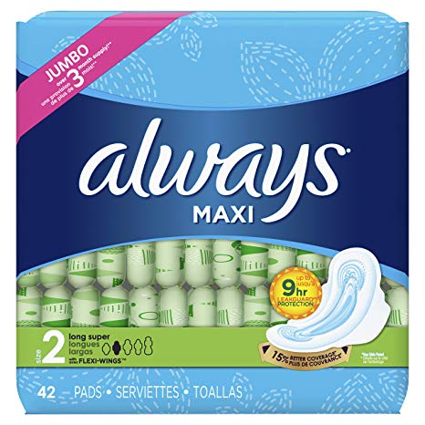 Always Maxi Size 2 Feminine Pads with Wings, Super Absorbency, Unscented, 42 Count (Packaging May Vary)
