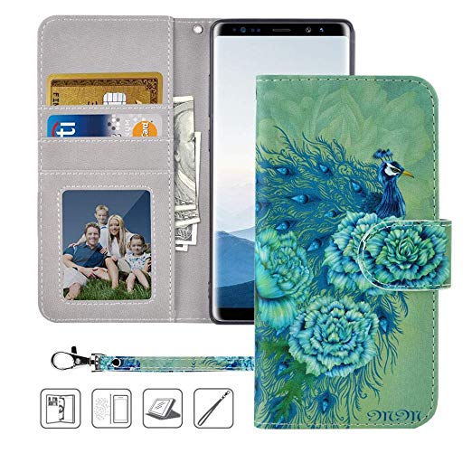Galaxy Note 8 Wallet Case,Galaxy Note 8 Case, MagicSky Premium PU Leather Flip Folio Case Cover with Wrist Strap, Card Holder, Cash Pocket, Kickstand for Samsung Galaxy Note 8(Green Peacock)