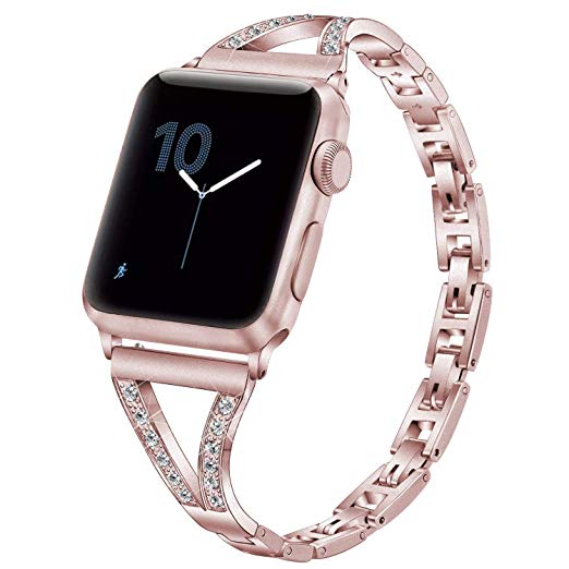 PUGO TOP Compatible with Apple Watch Bracelet Band 38mm 40mm Series 4/3/2/1 Women Stainless Steel Bling Iwatch Band Wristband Strap with Rhinestones(38/40mm, Rose Gold)