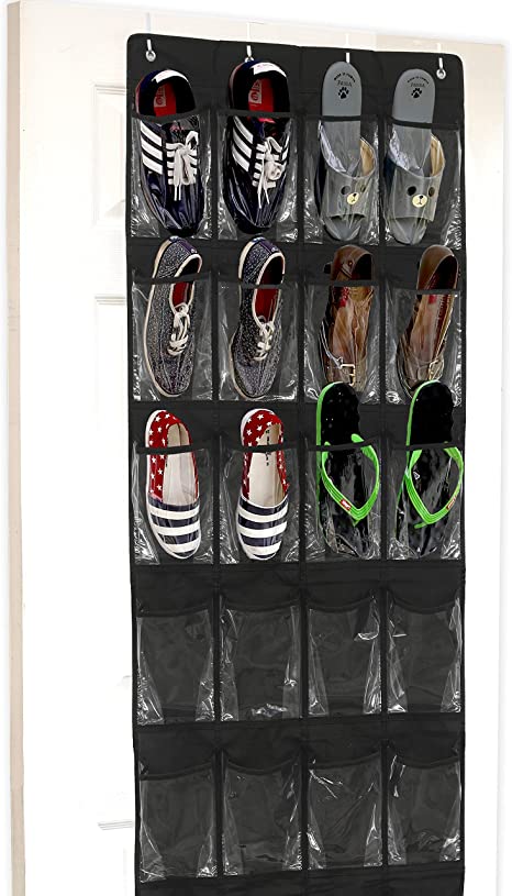 24 Pockets - SimpleHouseware Crystal Clear Over The Door Hanging Shoe Organizer, Black (64'' x 19'')