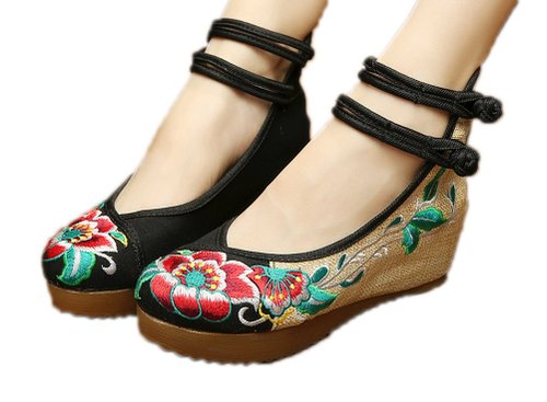 AvaCostume Women's Embroidery Floral Strappy Round Toe Platform Wedges