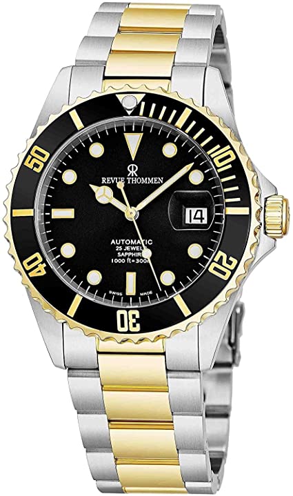 Revue Thommen Mens Diver Watch Automatic Sapphire Crystal - Analog Black Face Two Tone Metal Band Stainless Steel Dive Watch Swiss Made - Scuba Diving Watches for Men Waterproof 300 Meters 17571.2147