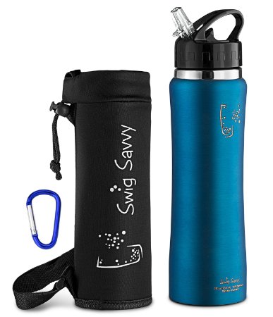Swig Savvy's Stainless Steel Insulated Water Bottle, Wide Mouth 25 Oz Capacity, Double Wall Design, with Straw Cap -Including Water Bottle Pouch