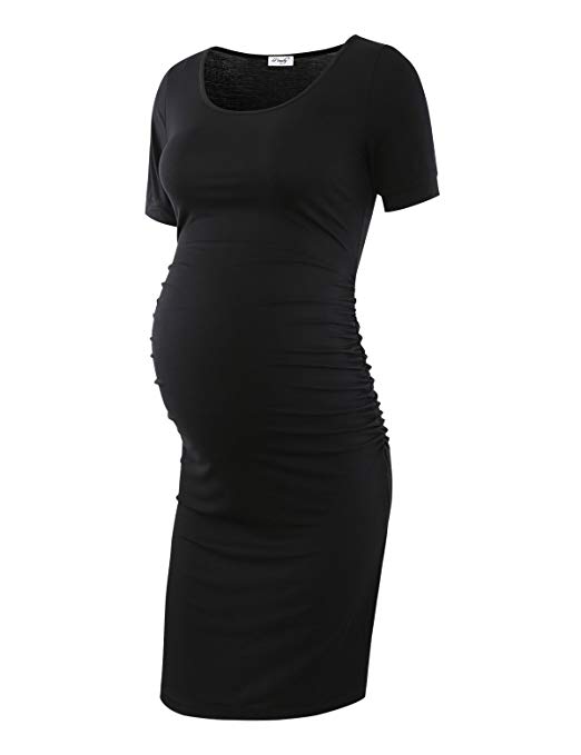 Peauty Bodycon Maternity Dress, Casual Pregnancy Clothes Cotton Ruched Sides Black