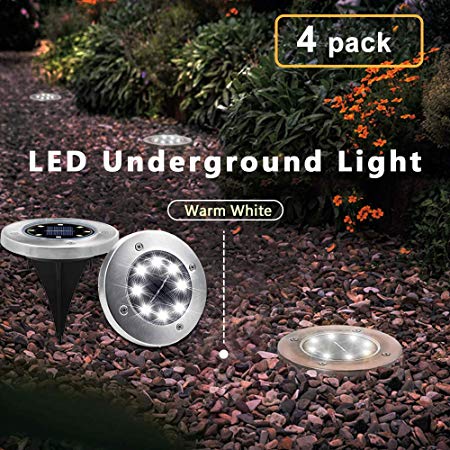 Solar Garden Ground Lights Outdoor Diamond Stake Lights Landscape Lighting Stainless Steel Pathway Lights for Walkway Patio Yard Lawn Driveway Flowerbed Courtyard Decoration 8 LED White Light 4 Packs