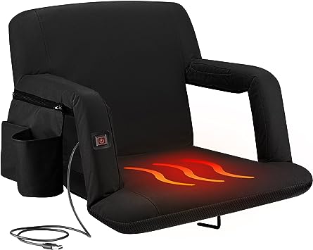 Alpcour Heated Folding Stadium Seat – Deluxe Reclining Bleacher Chair with Back & Arm Support – Extra Thick, Lightweight and Waterproof with Detachable Pocket for Phone, Drinks, and Food