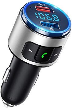 Bluetooth FM Transmitter for Car, Bluetooth V5.0, QC3.0 Bluetooth Car Adapter with LED Backlit, Support Siri Google Assistant, USB Flash Drive, Handsfree Car Kit-Silver