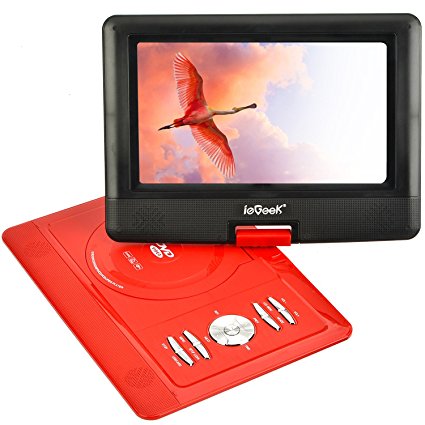 ieGeek 13.8" Portable DVD Player with Swivel Screen, 6 Hour Rechargeable Battery, Supports SD Card and USB, Direct Play in Formats MP4/AVI/RMVB/MP3/JPEG, Red