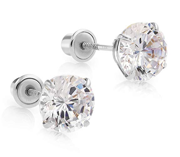 14k White Gold Made with SWAROVSKI Cubic Zirconia Solitaire Stud Earrings with Secure Screw-backs