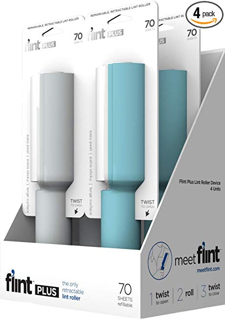 Flint PRO Retractable Lint Roller, Refillable, 70 Sheets 4 Pack (2 Light Blue   2 Gray) - Lifetime Guarantee
