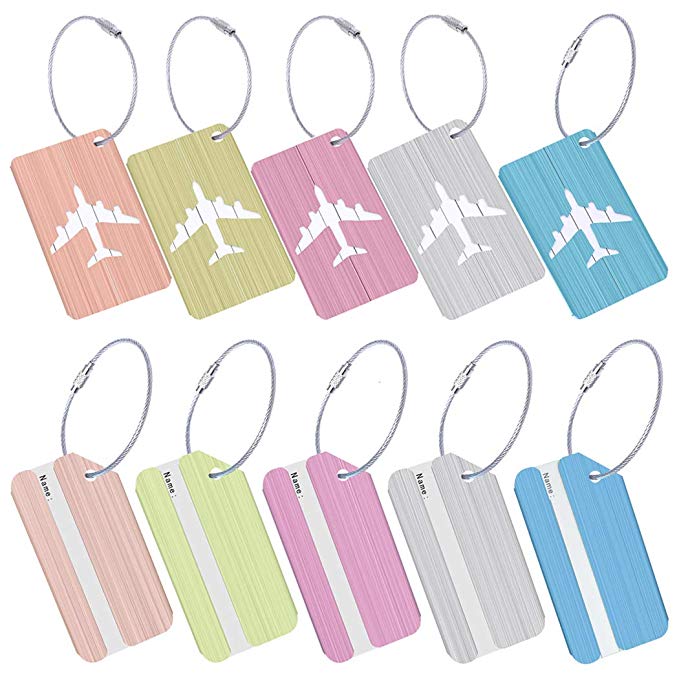 Aluminium Metal Luggage Tags, 10 Pack Suitcase Card Holder Bag Tag Name Address ID Bag Label with Key Ring