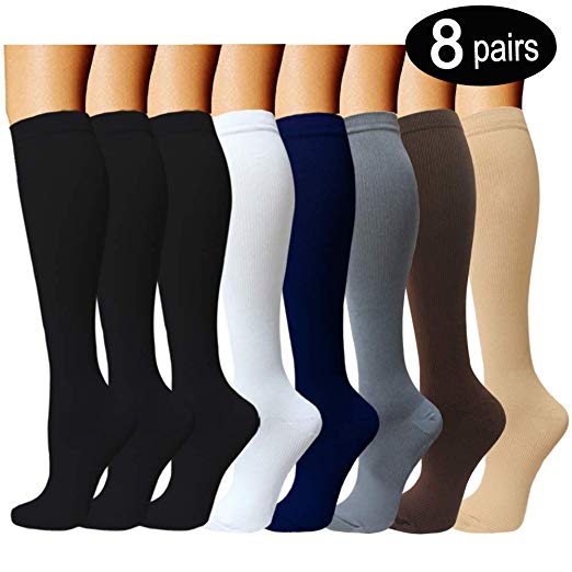 8 Pairs Compression Socks Women & Men -Best Medical,Nursing,Travel & Flight Socks-Running & Fitness-15-20mmHg