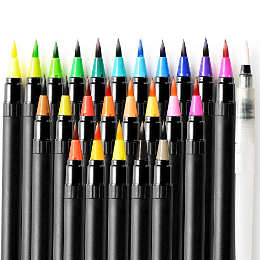 24 Colors Watercolor Brush Pens,Real Brush Pens with Flexible Nylon Brush Tips, Paint Markers for Drawing, Painting, Coloring, Calligraphy with Water Brush for Artists and Beginner