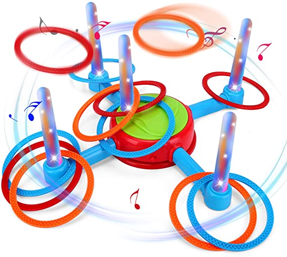 Flanney Electric Ring Toss Game, Kids Colorful Toss Throw Game with Music Rotating and 12 Hoop Rings, Activity Toys for Children and Adults Family Indoor Fun Party Game
