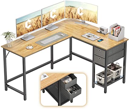 Cubiker L-Shaped Computer Desk, Home Office Corner Desk with Non-Woven Drawer, Sturdy Writing Table, Space-Saving, Easy to Assemble, Natural