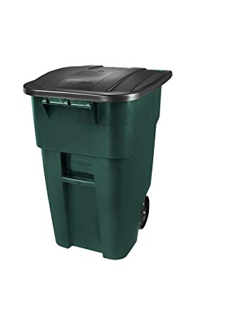 Rubbermaid Commercial Products 1829411 BRUTE Rollout Heavy-Duty Wheeled Trash/Garbage Can, 50-Gallon, Dark Green