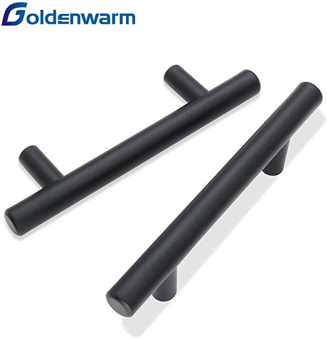 goldenwarm 26 Pack 3'' Cabinet Pulls Matte Black Drawer Pulls Black Kitchen Cabinet Handles Stainless Steel T Bar Pulls for Drawer Flat Black Kitchen Hardware 5'' Length, 3'' Hole Center