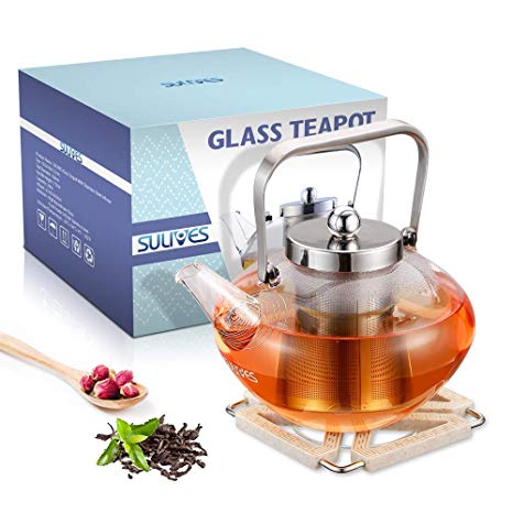 SULIVES Glass Teapot with Stainless Steel Infuser & Lid, Borosilicate Glass Flower Tea Kettle Stovetop Safe, Blooming & Loose Leaf Teapots, 34 oz / 1000 ml
