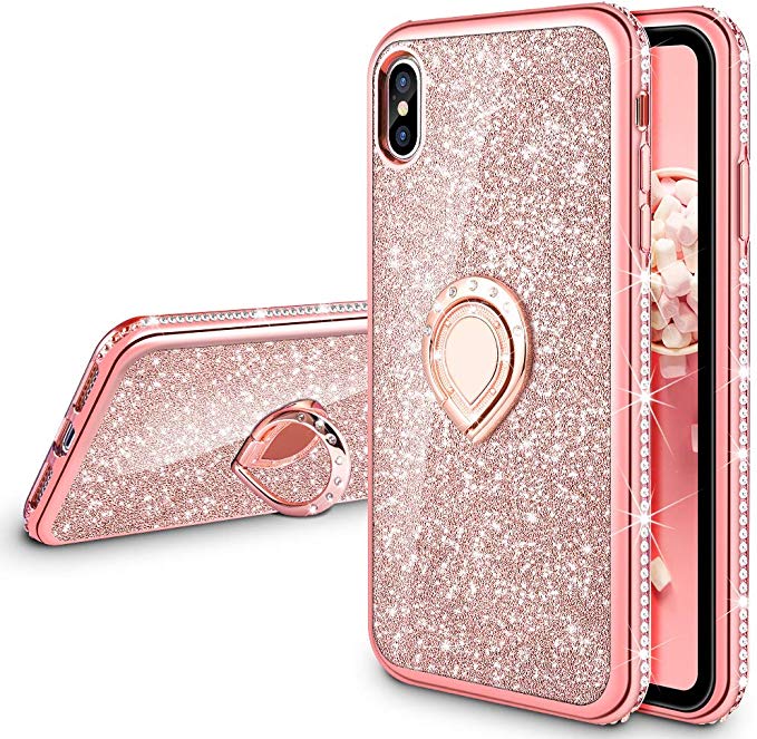 VEGO Case for iPhone Xs iPhone X 5.8 inches,Glitter Case Bling Diamond Rhinestone with Kickstand Ring Grip Girls Women Case for iPhone Xs(Rose Gold)