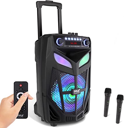 Portable Bluetooth PA Speaker System - 600W 10” Outdoor BT Speaker - Includes 2 Wireless Microphones, Party Lights, USB SD Card Reader, FM Radio, Rolling Wheels - Remote Control - Pyle PPHP101WMB