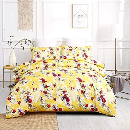 DaDa Bedding Radiant Sunshine Duvet Cover - Yellow Farmhouse Floral Hummingbirds w/Pillow Cases - Bright Vibrant Multi-Colorful Red Flowers - Very Soft Comforter Cover w/Corner Ties - Twin - 2-Pieces