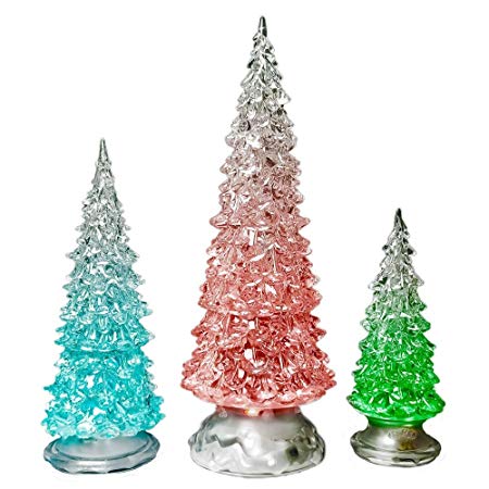 BANBERRY DESIGNS LED Lighted Acrylic Christmas Trees Holiday Decoration Set of 3 Assorted Sizes 10", 7.5" & 5.5" H