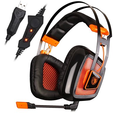 SADES A8 7.1 Surround Sound Over Ear PC USB Gaming Headset with Microphone Vibration Noise Canceling LED Light (Black)