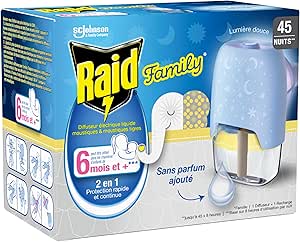 Raid Family Prise Anti-Moustiques Electrique Liquide - Moustiques et Moustiques Tigres 45 Nuits - Sans Parfum Ajouté - 1 Diffuseur   1 Recharge