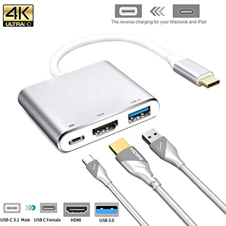 USB C to HDMI Digital Multiport Hub Adapter - Aeifond Type-C to HDMI 4K Adapter with USB 3.0 USB-C 3.1 Power Delivery for MacBook12, Mac Pro13 15 (2016 2017), Google Chromebook, Note9 (Silver1)