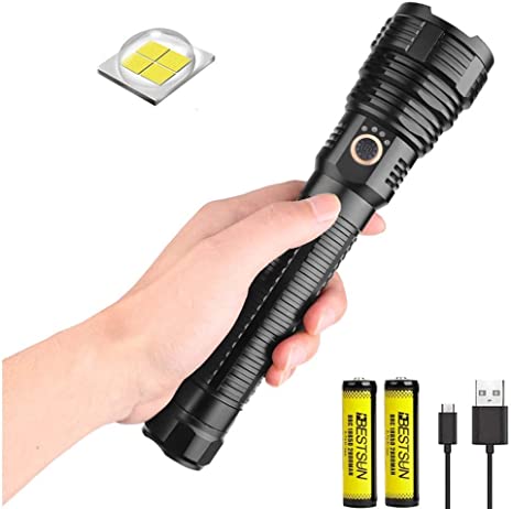 BESTSUN CREE XHP70.2 Flashlight Rechargeable, 10000 Lumen Super Power LED Tactical Flashlight Zoomable 5 Modes Bright Flashlight Torch with Power Display for Camping Hiking (Batteries Include)