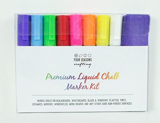 Four Seasons Crafting Premium Liquid Chalk Marker Kit (Bundle) Includes: 8 Markers with Reversible Tips - 12 Chalkboard Label Stickers - 1 Anti-Static Fiber Cloth Eraser and 2 Replacement Marker Tips