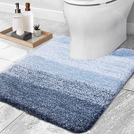 OLANLY Luxury Toilet Rugs U-Shaped, Extra Soft and Absorbent Microfiber Bathroom Rugs, Non-Slip Plush Shaggy Toilet Bath Mat, Machine Wash Dry, Contour Bath Rugs for Toilet Base, 20x20, Blue