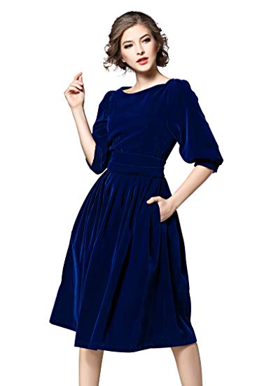 Women's Vintage 3/4 Sleeves Velvet Belted Tunic Swing A-Line Dress