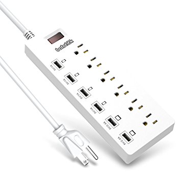 Bototek 6-Outlet USB Power Strip with 6 USB Charging Ports (5V/2.4A2 and 5V/1A4) and Built-in 1625W/13A 900J Surge Protector, 5.9ft Cord for Home/Office, White