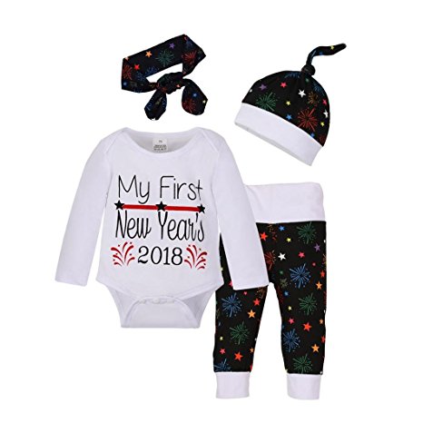 Vovotrade Newborn Baby Girls Boys Christmas Outfits Set Clothes 'My First New Year 2018' Romper Pants Hat Headband