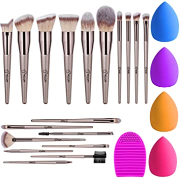 BESTOPE Makeup Brush Set 18 Pcs & 4 Makeup Sponges & 1 Makeup Brush Cleaner, Premium Beauty Blender Sponge Make Up Brushes Kit for Face Foundation Blending Powder Blush Concealer Eyeshadow Lip - Champagne Gold