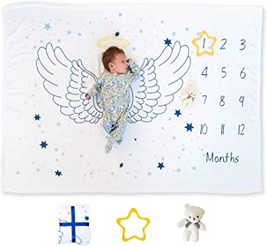Large 40"x 60" Soft Thick Premium Fleece Monthly Baby Milestone Blanket Set for Newborn Boy or Girl | Unisex Baby Age Blanket | Includes Star   Bear | Angel Growth Chart Background