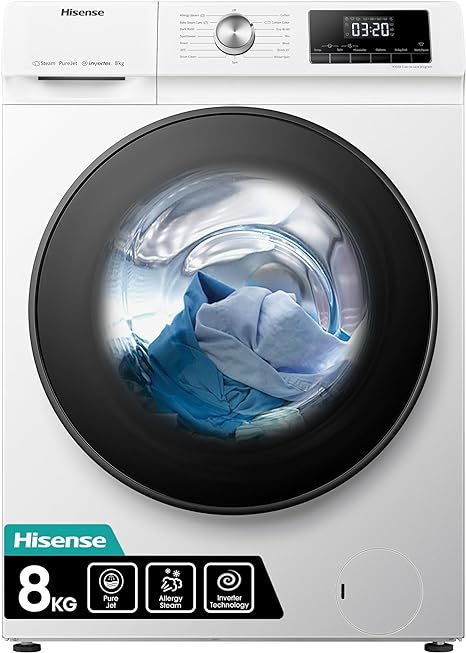 Hisense 3 Series WFQA8014EVJM Freestanding 8 KG Front Load Washing Durable Inverter Machine Steam Wash Quick Wash 15 Washing Programs 1400 RPM White Energy Rating A