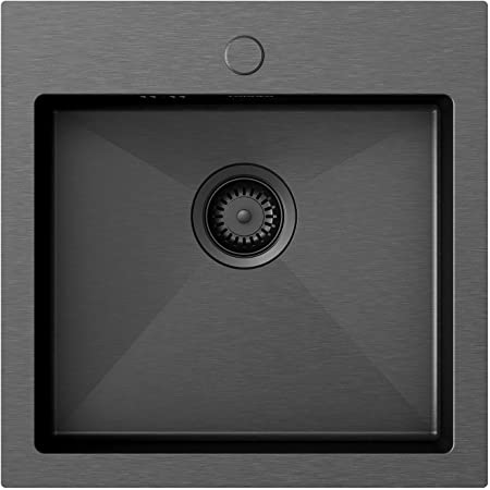 Lonheo Black Kitchen Sink 49 x 49 cm,Stainless Steel Sink for Top Mount and Flush Mount,Nanotechnology Black Finish,Single Bowl,Including Drainage Fittings
