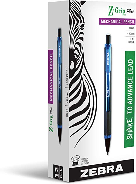 Zebra Z-Grip Plus Mechanical Pencil, 0.7mm, Blue Barrel, 12-Count