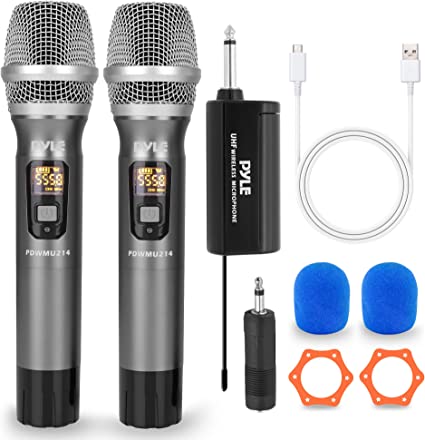 Pyle UHF Wireless Microphone System Kit - Dual Professional Battery Operated Handheld Dynamic Unidirectional Cordless Microphone Transmitter Set w/Adapter Receiver - PA Karaoke DJ Party PDWMU214